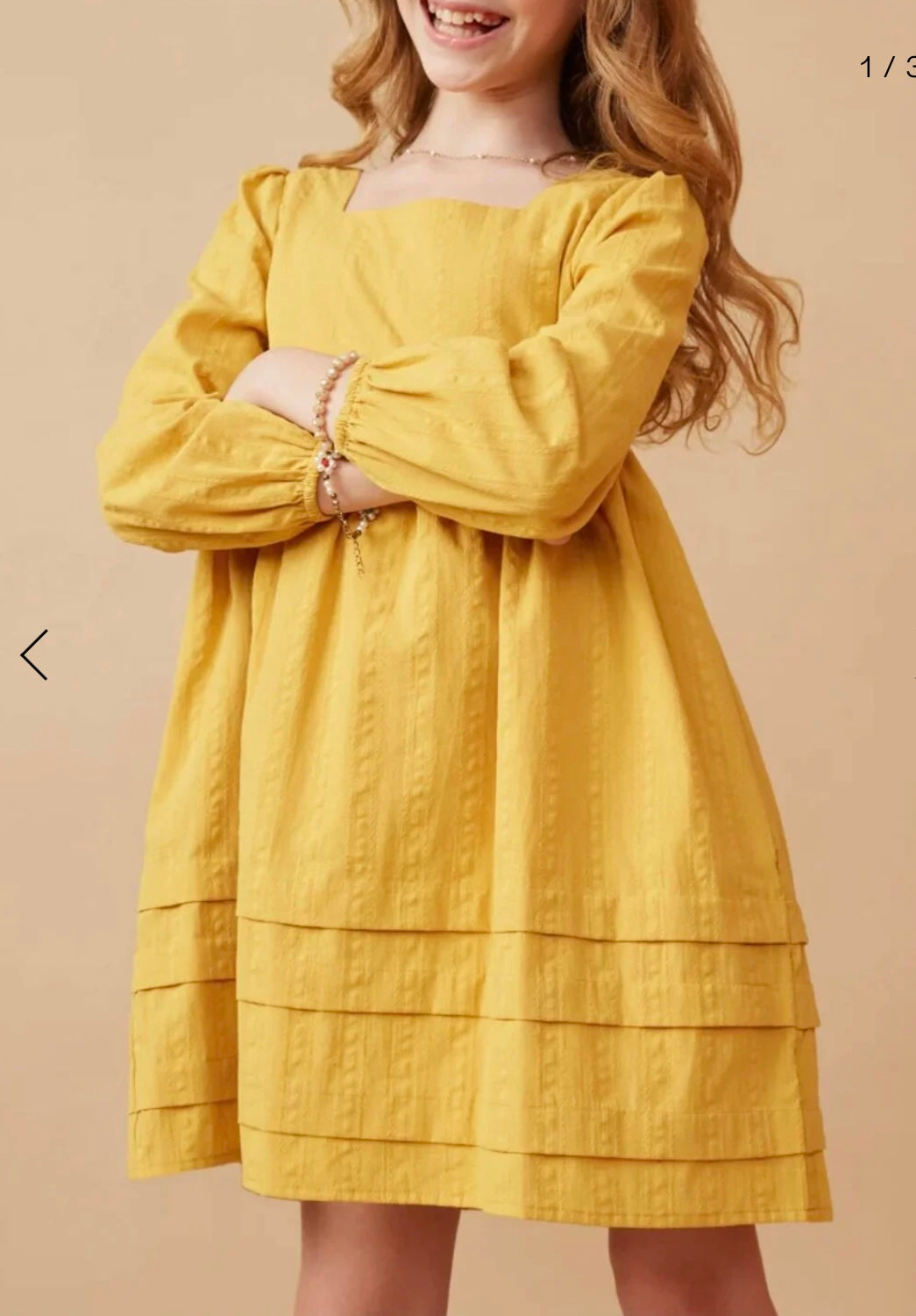 tween girls long sleeved mustard yellow dress

