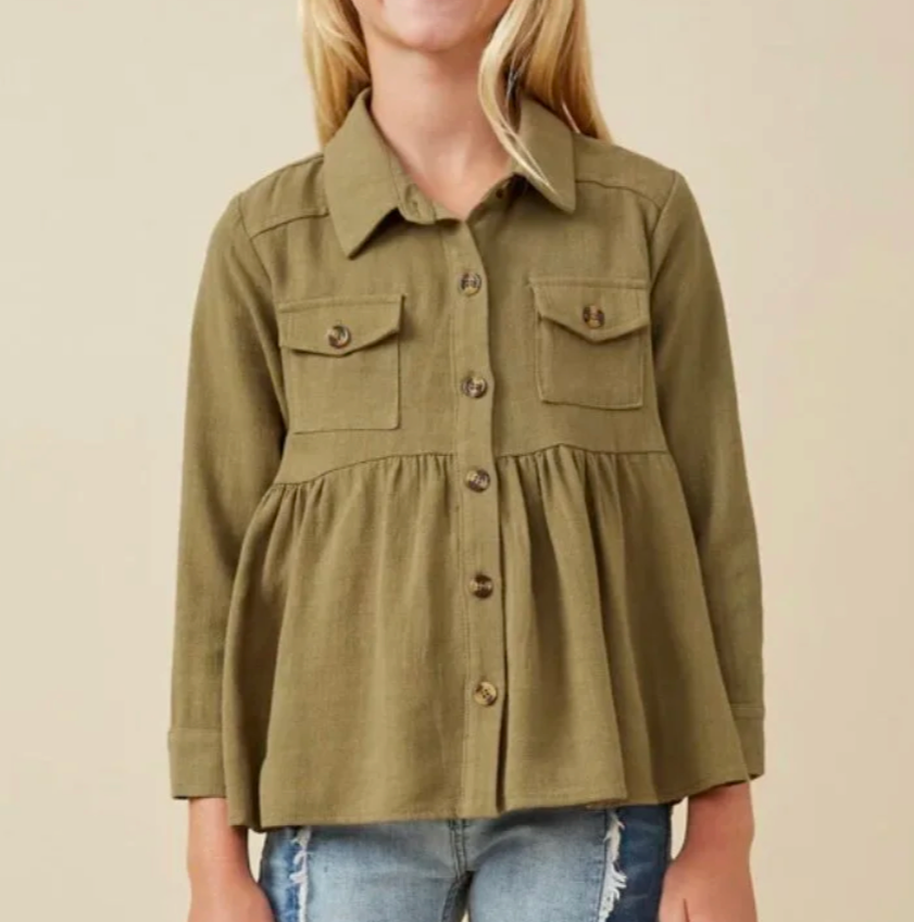 tween girls long sleeved olive green collard button down peplum top with chest pockets