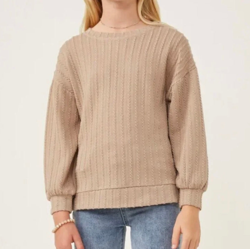 girls tan oatmeal cable knit ribbed sweatshirt top