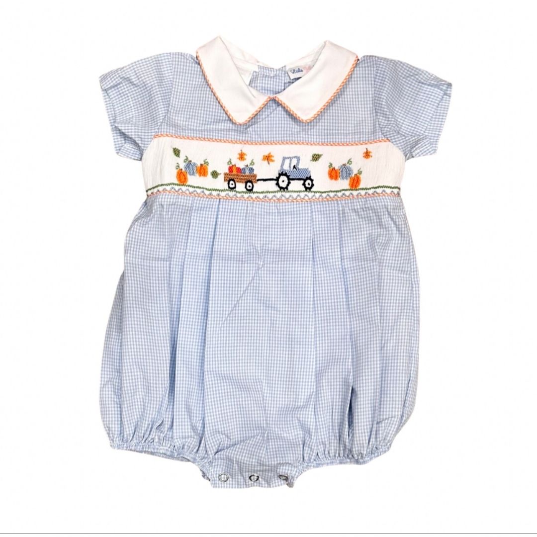 Lulu bebe Blake tractor pumpkin smocked bubble