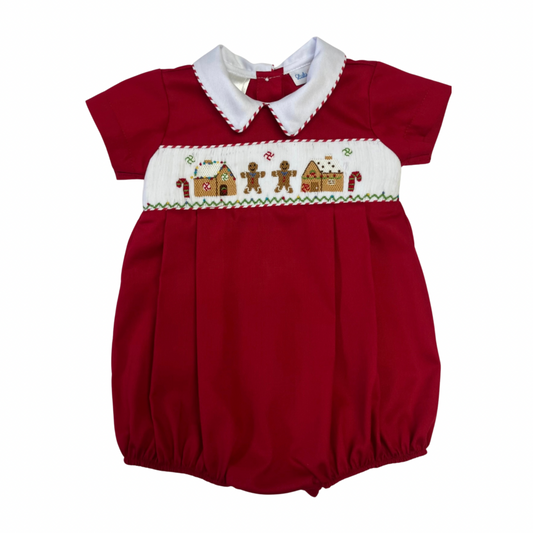 Red baby boy bubble  with smocked gingerbread  house