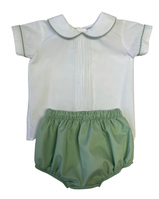 Baby boy white top with sage green bloomer outfit with white shirt