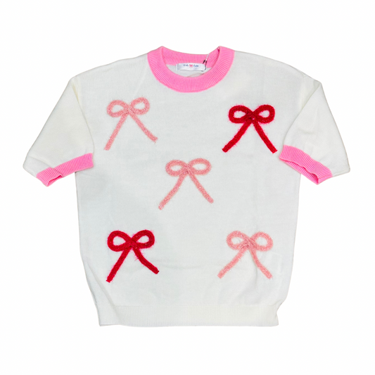 girls white shortsleeved sweater red pink bows
