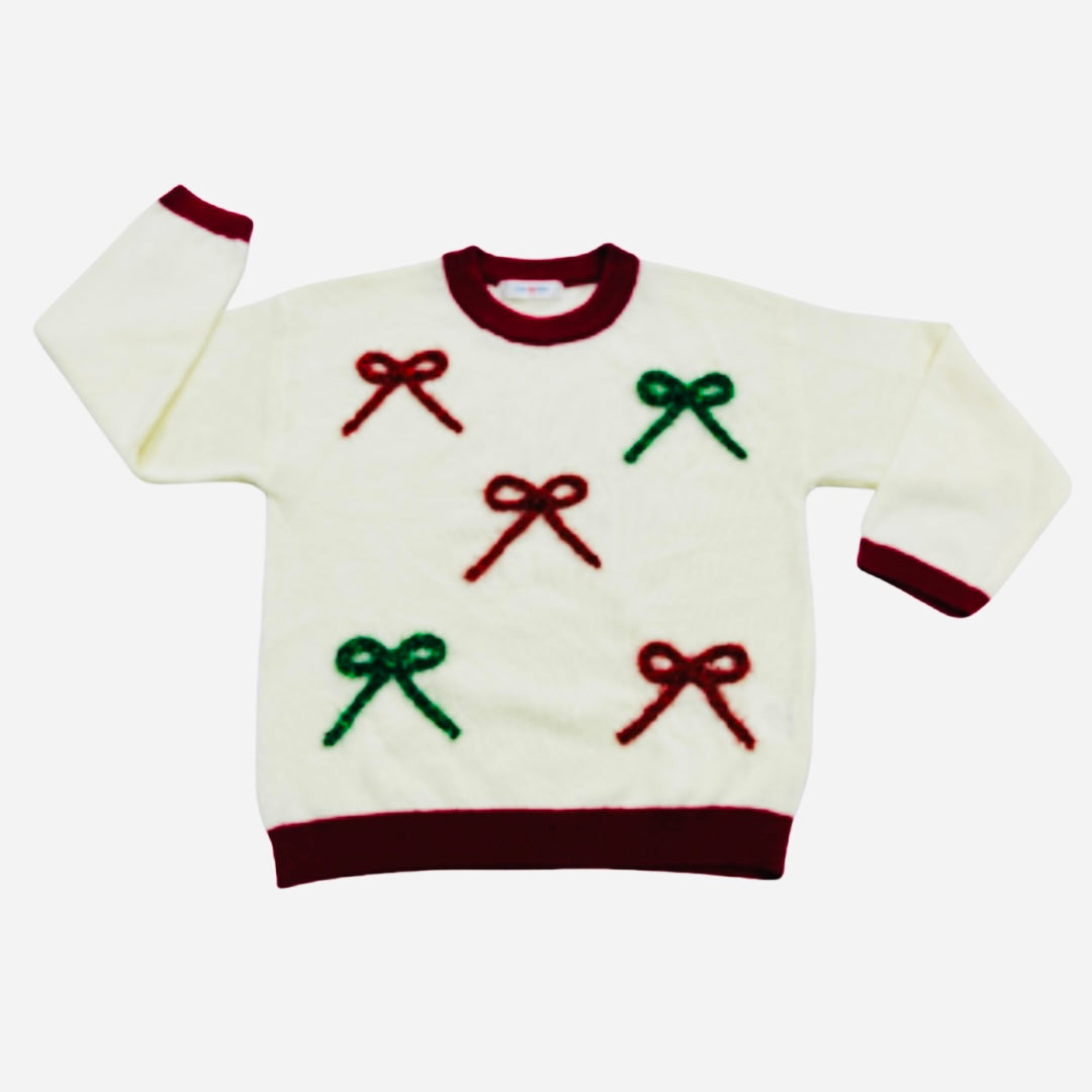 tween girls White sweater with red and green sparkly bows on