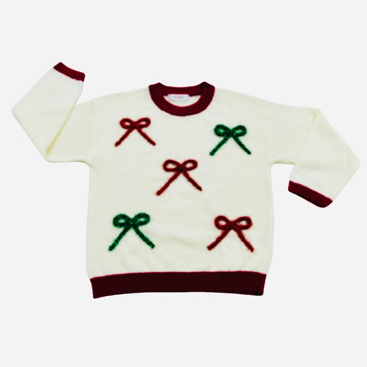 tween girls White sweater with red and green sparkly bows on