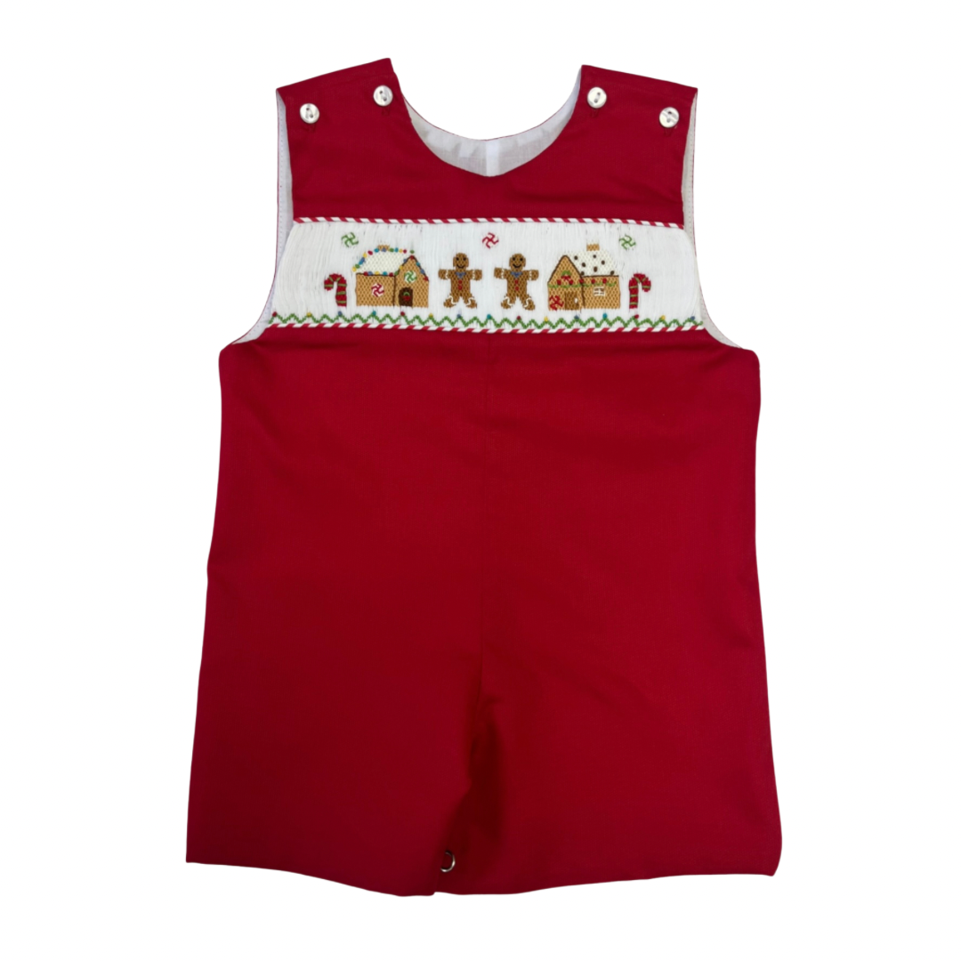 little boys red Pete gingerbread smocked romper