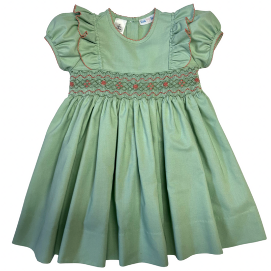 sage Green dress with pink smocked details