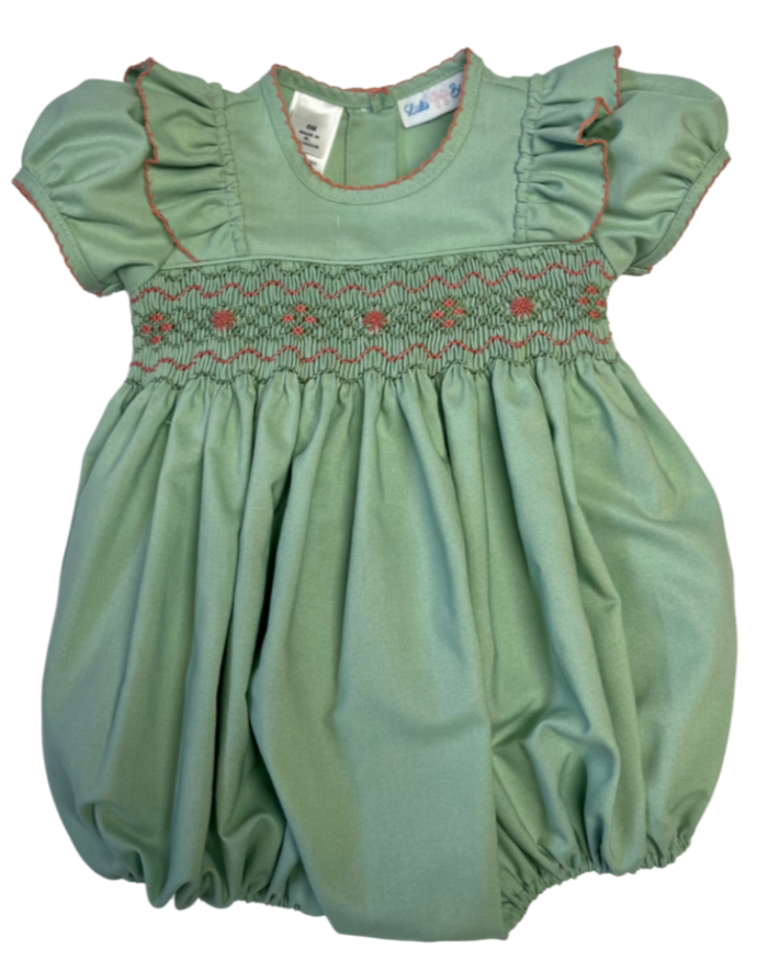 Green baby bubble with smocked bodice 