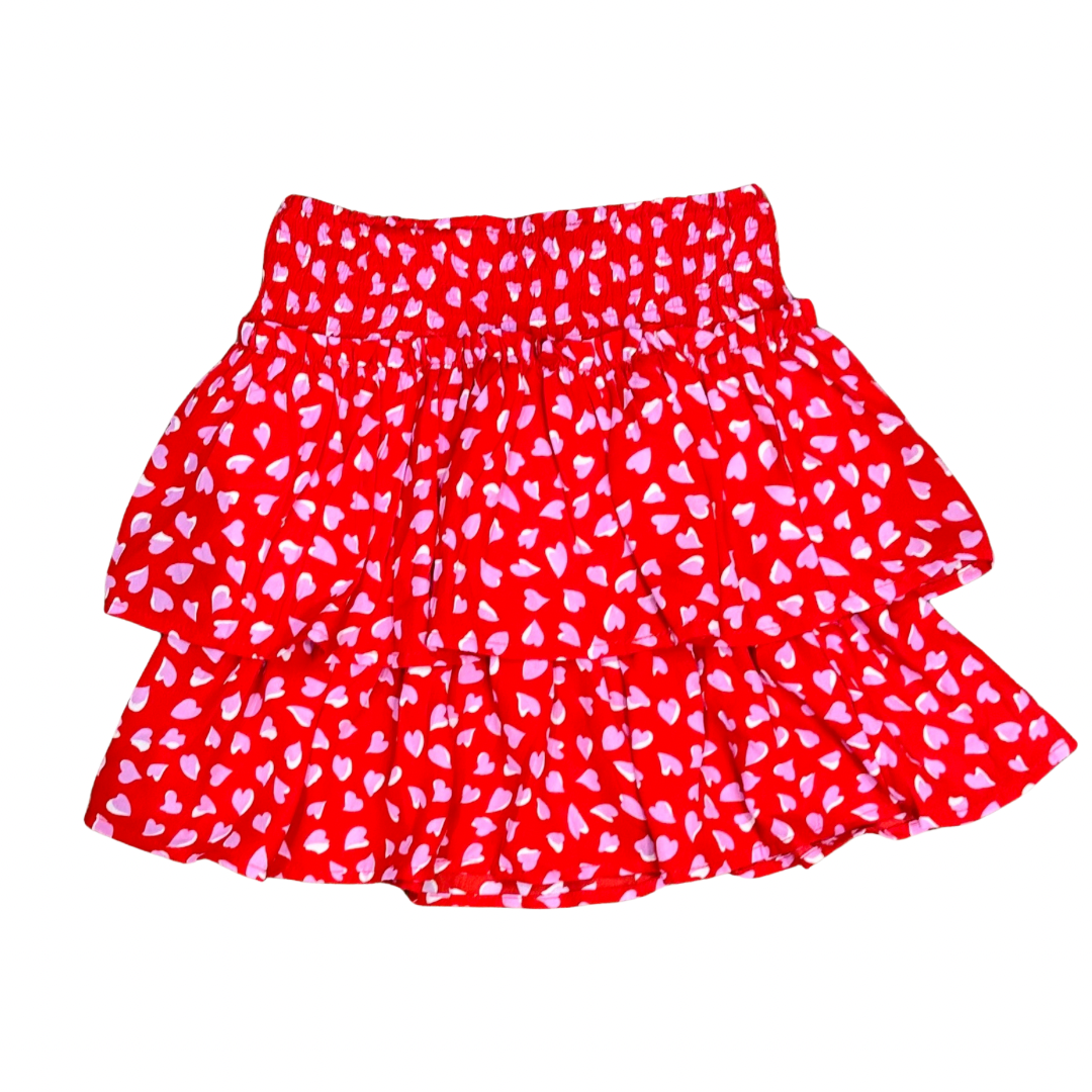 Girls Red Layered Skirt Lavender Hearts
