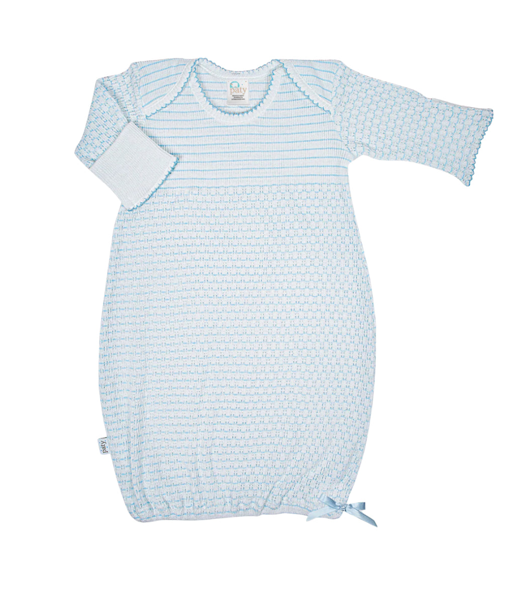 blue white knitted baby boy gown sack
