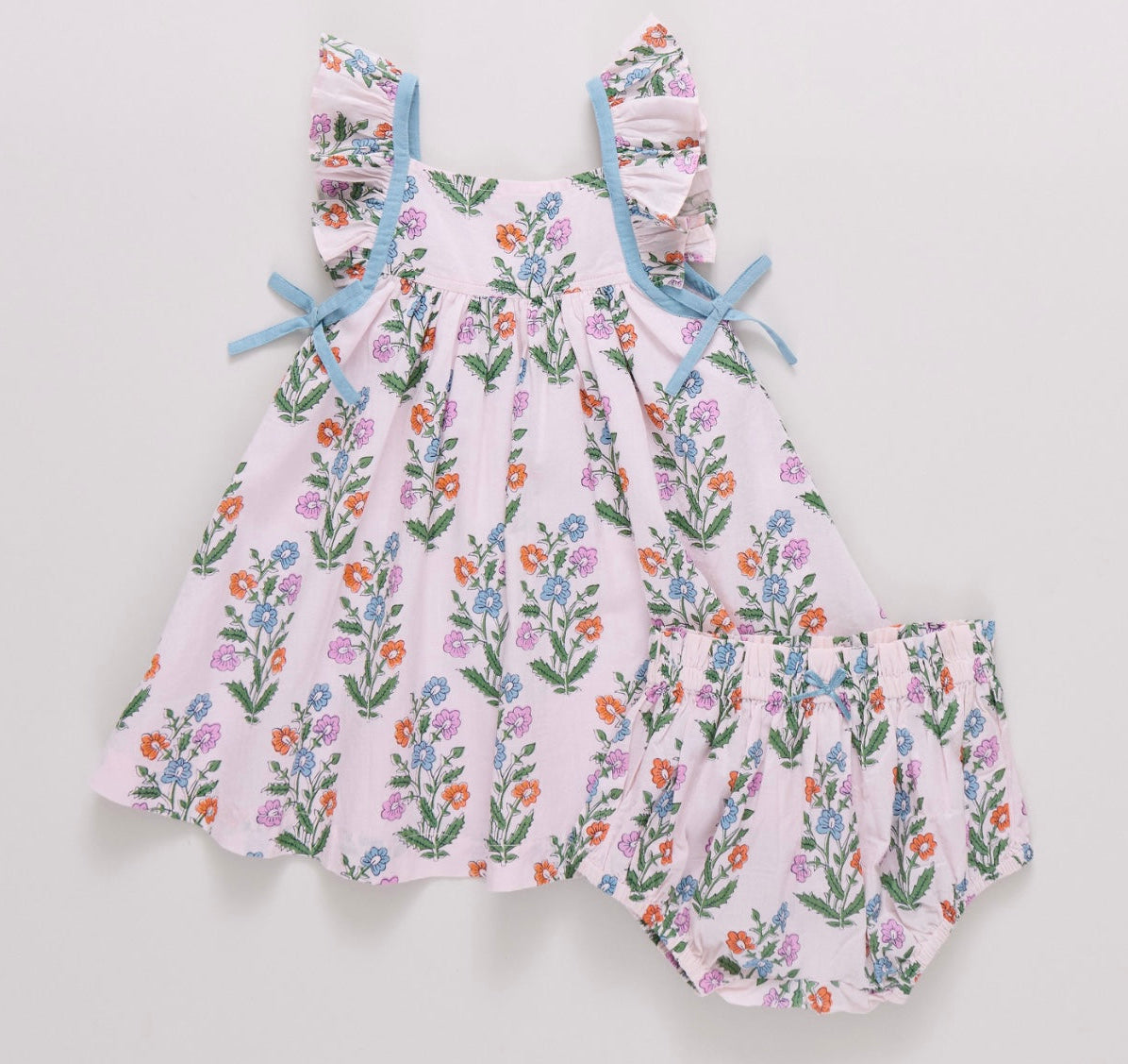 baby girls pink floral dress diaper bloomer set with blue ribbon and ruffle sleeves