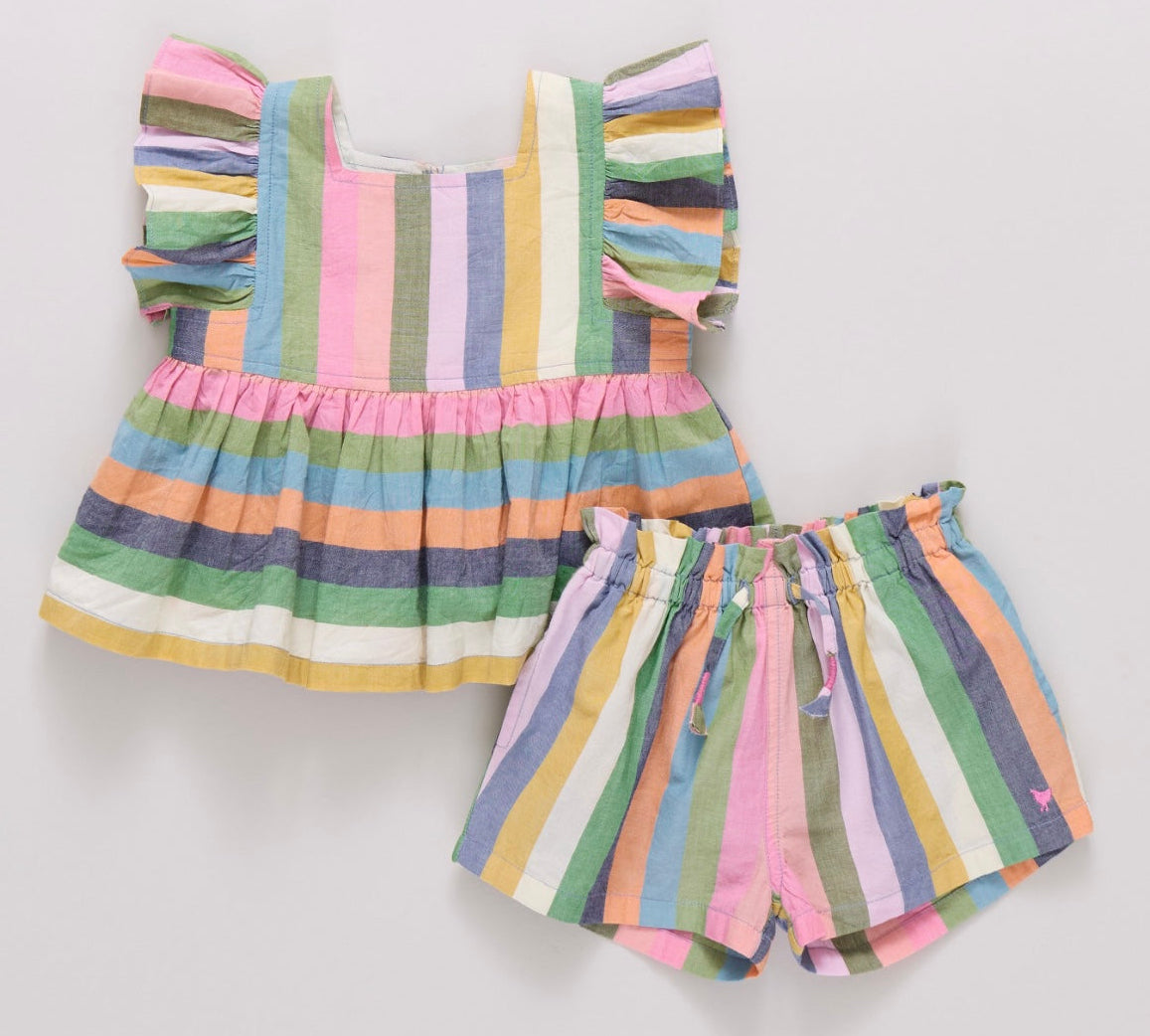 baby girls striped swing top and short set with navy orange green and pink stripes and flutter ruffle sleeve top