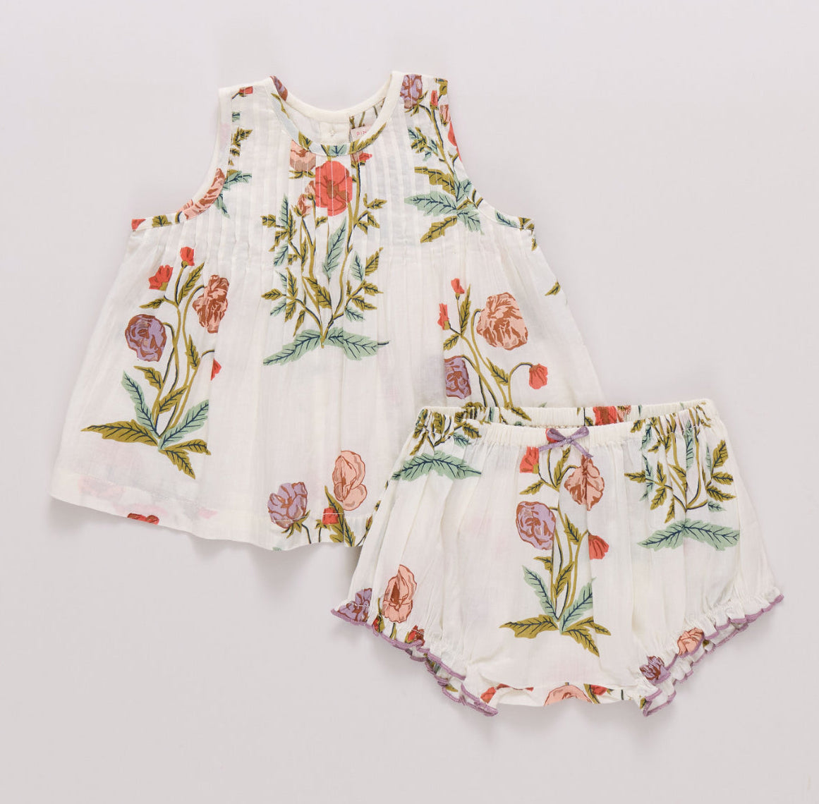 baby girls spring floral print on an off white swing top and bloomer set