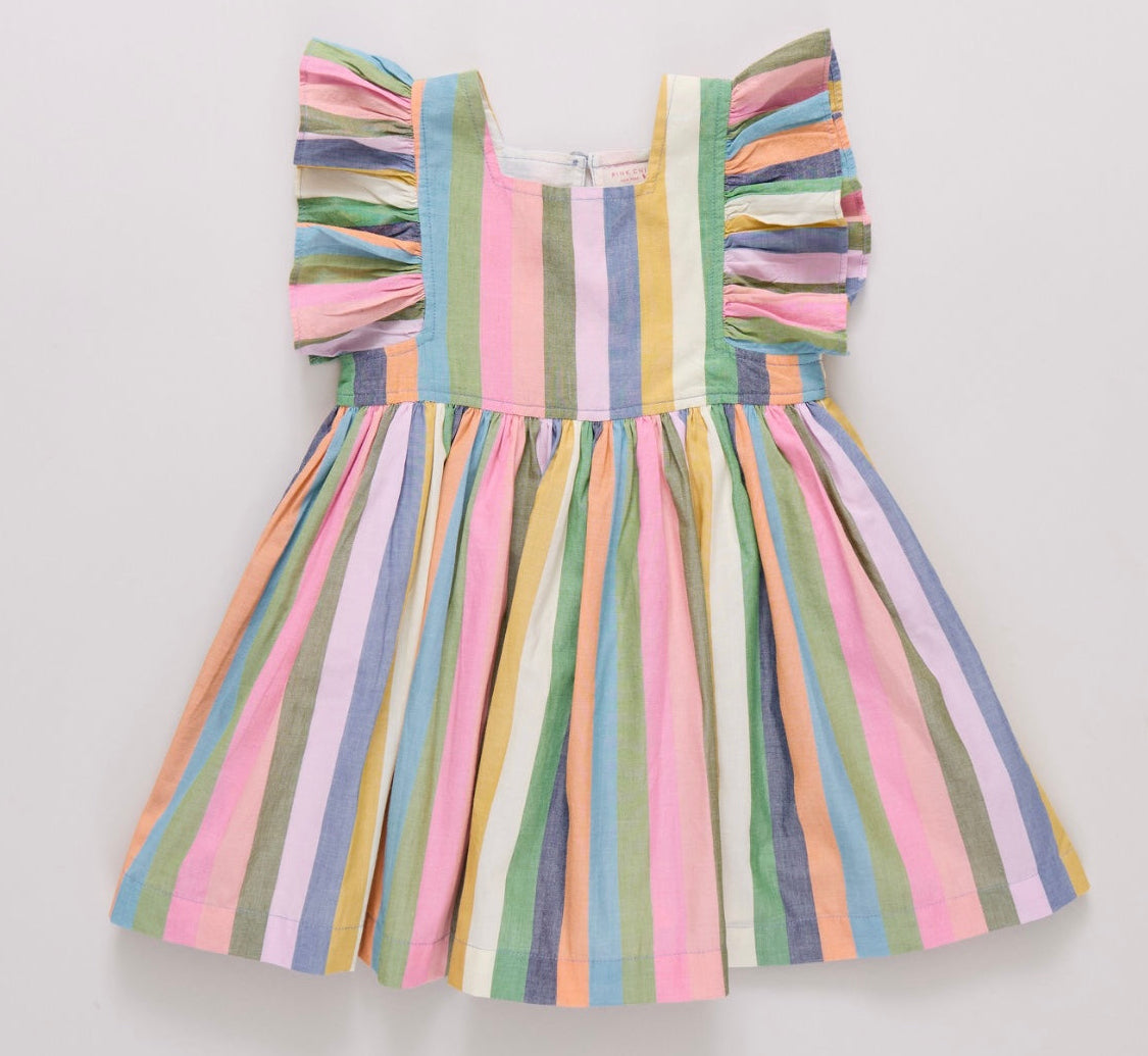 little girls dress with pink blue green white and purple stripes and ruffle flutter sleeves