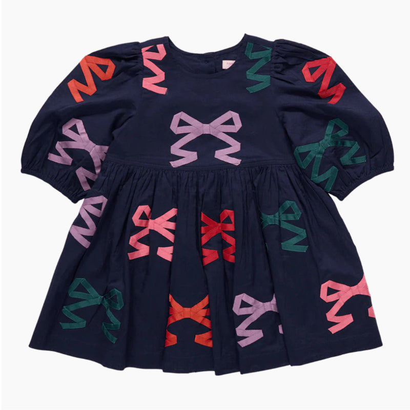 Pink chicken navy Brooke bow appliqué dress