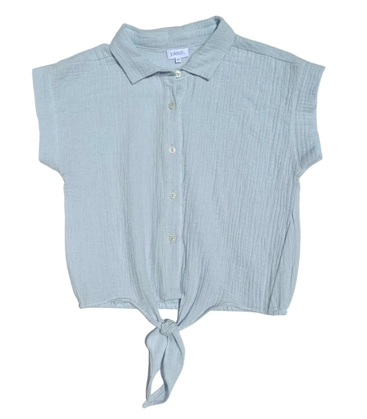 tween girls light blue button down gauze top with tie in front