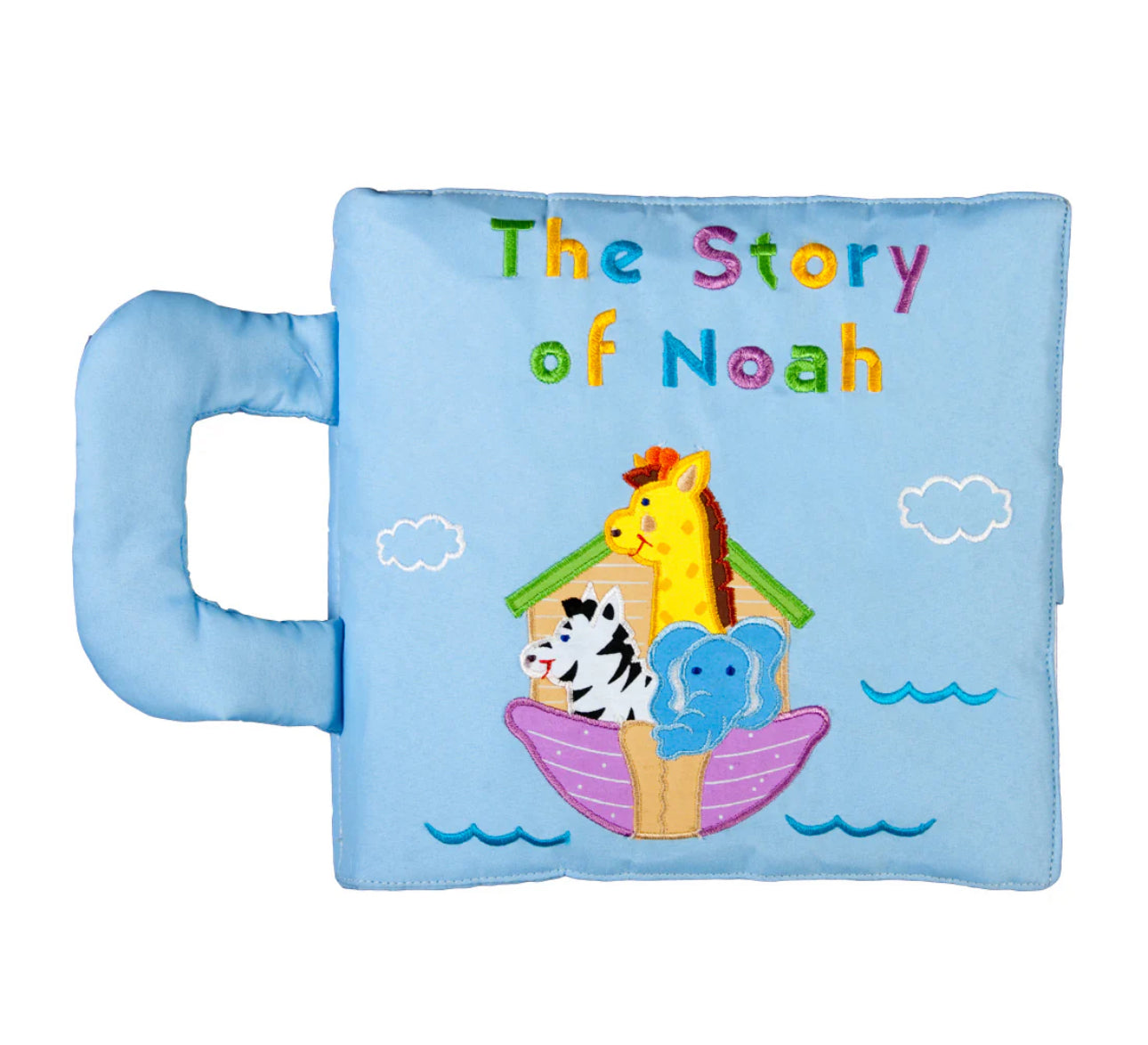 Children's soft book titled 'The Story of Noah' with colorful illustrations on a blue background