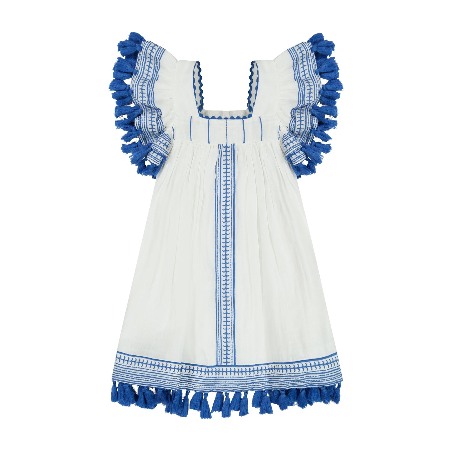 Serena Girl's Tassel Dress White Lapis Blue Embroidery
