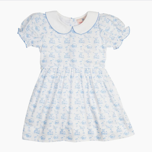 Smockingbird Girls Blue Bunny Toile Dress