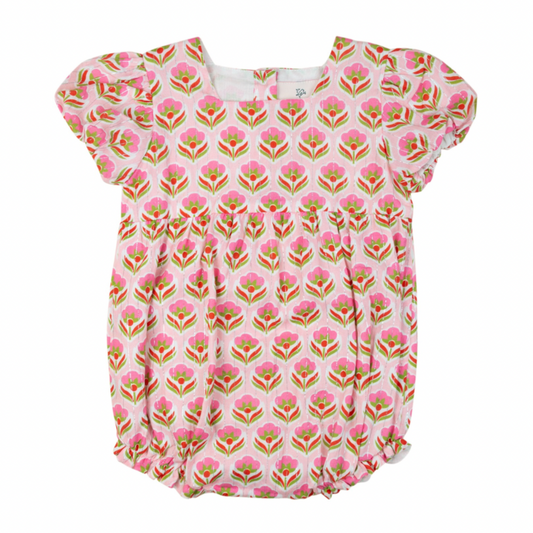 Smockingbird Pink Block Floral Silver Lurex Baby Girls Bubble 