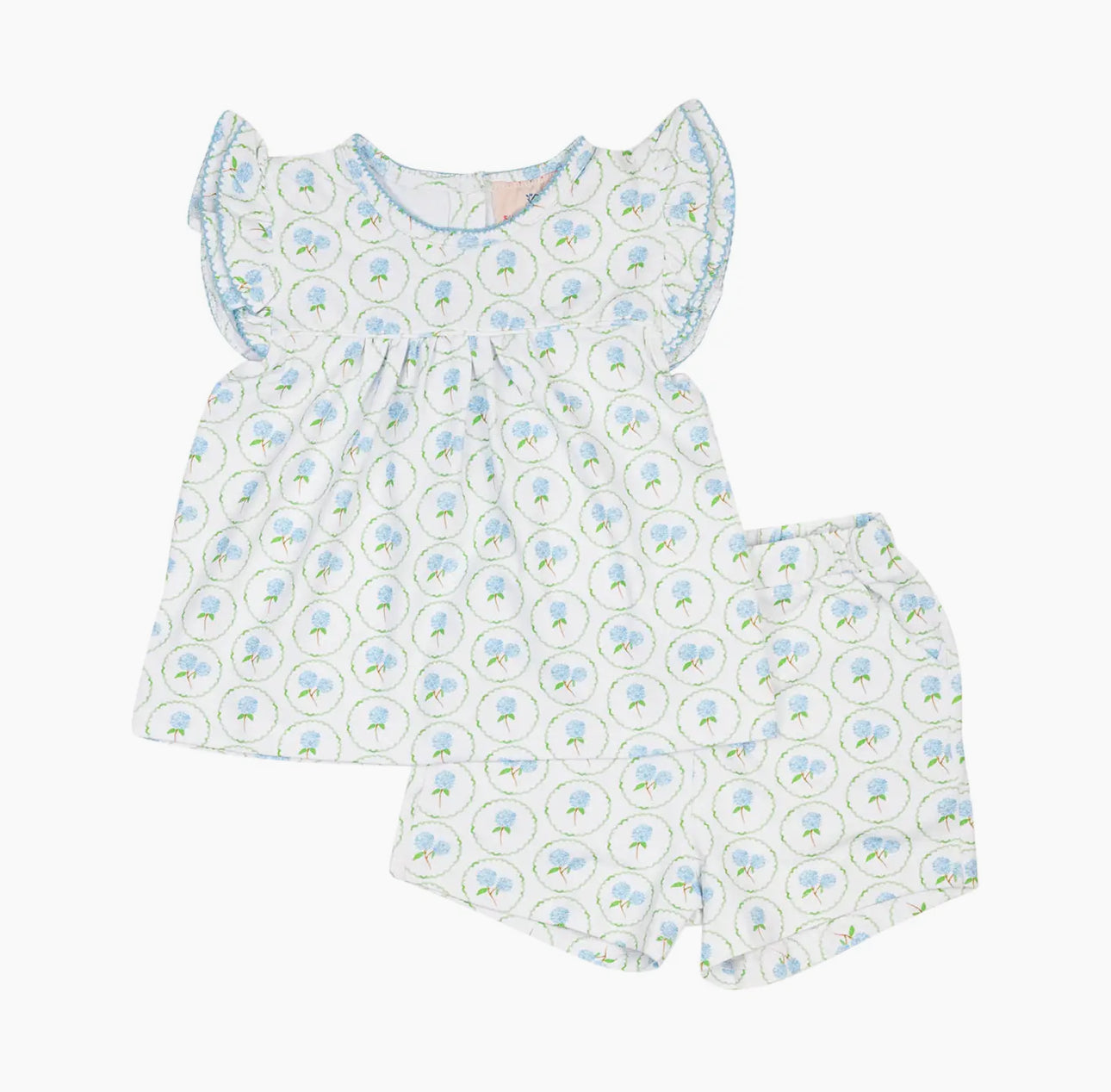 Smockingbird Toddler Girls Spring Blue Hydrangea Shorts Set
