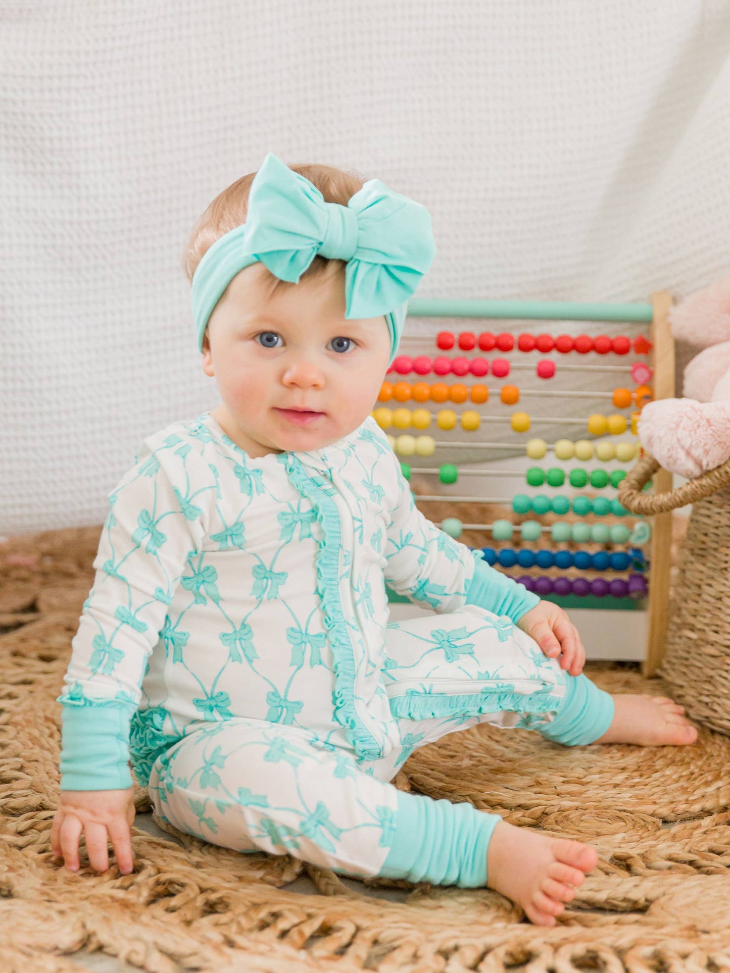 Teal Fairytale Bows Bamboo Viscose Convertible Ruffle One Piece Pajama