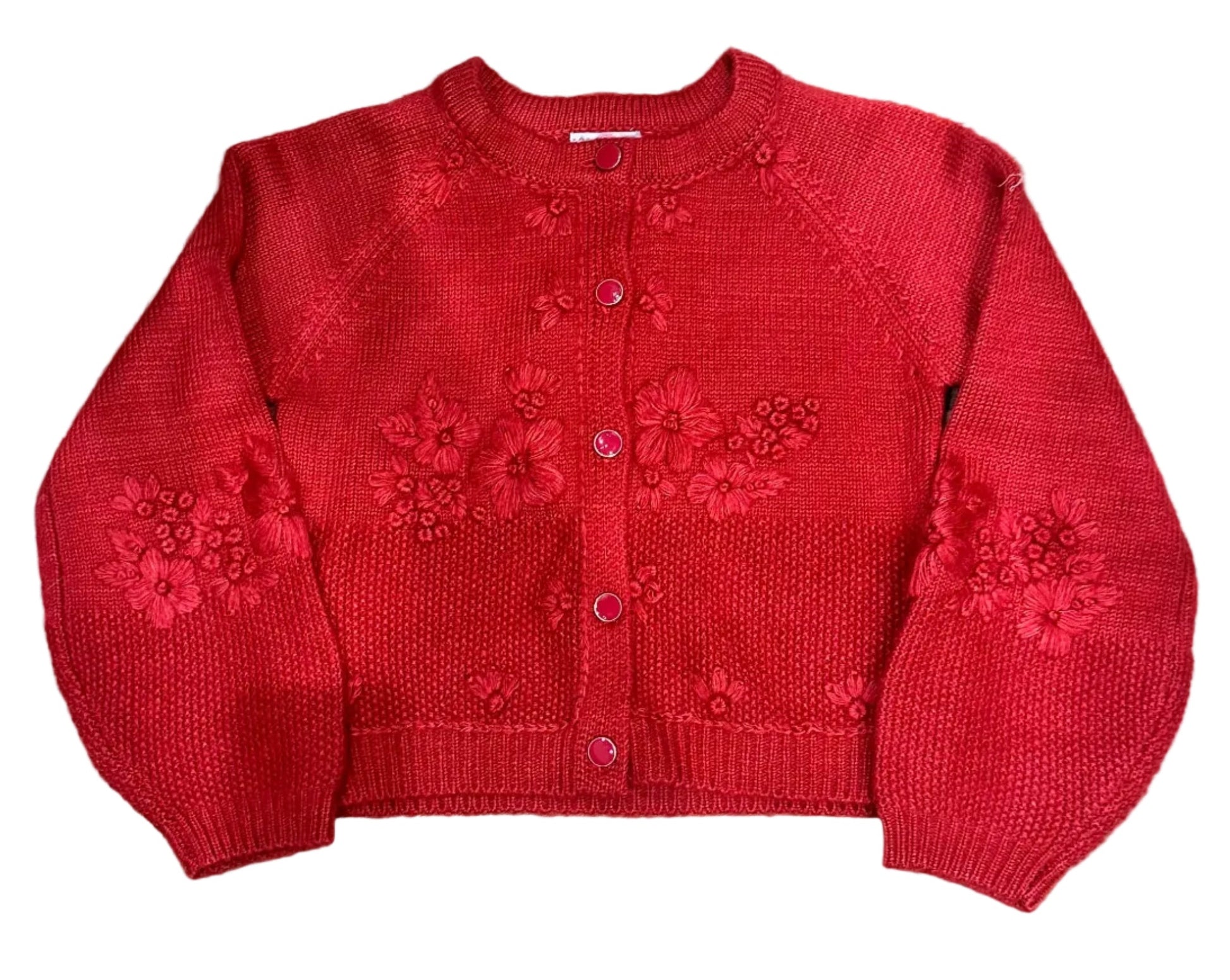 deep rose red flower embroidered button up sweater