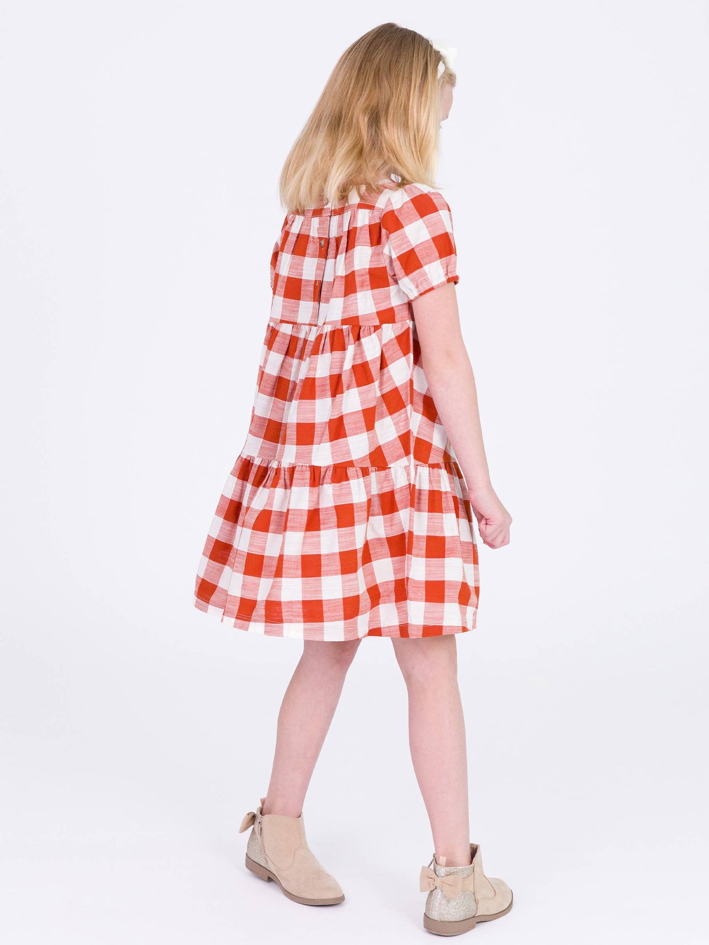 Rust Plaid Puff Short Sleeve Check Tiered Dress