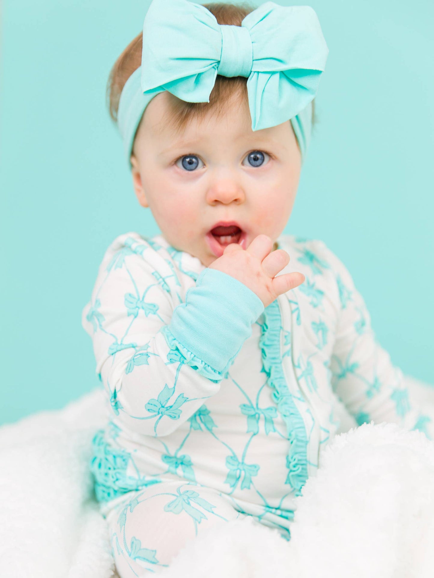 Teal Fairytale Bows Bamboo Viscose Convertible Ruffle One Piece Pajama