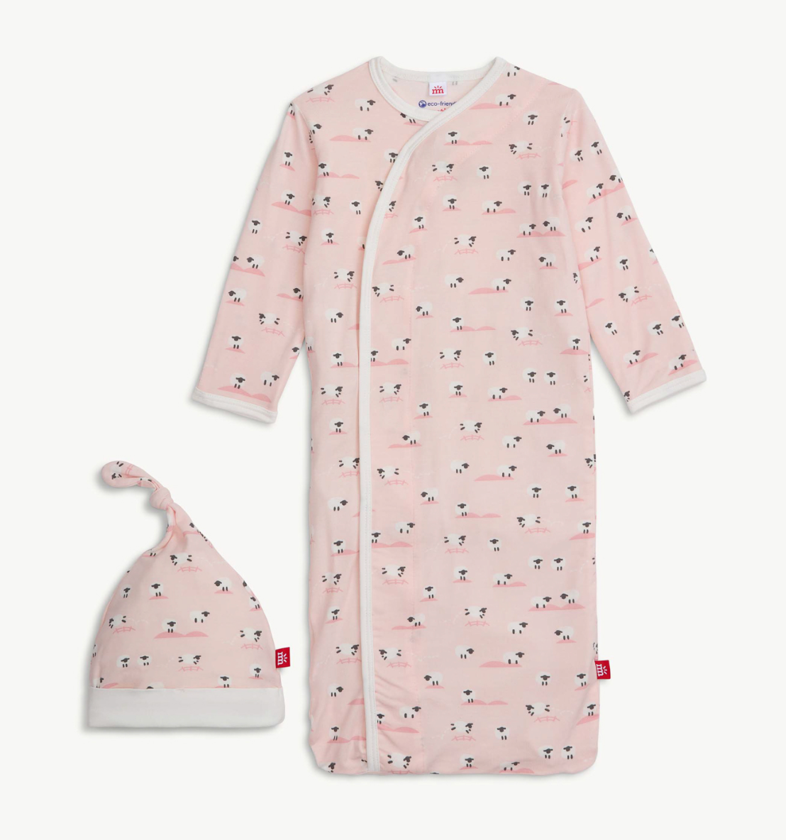 baby girl pink modal magnetic gown with sheep and hat set
