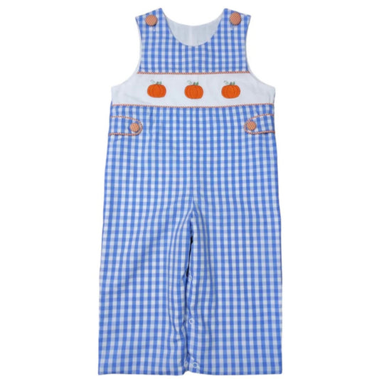 Blue gingham overalls longall with orange pumpkin smocking