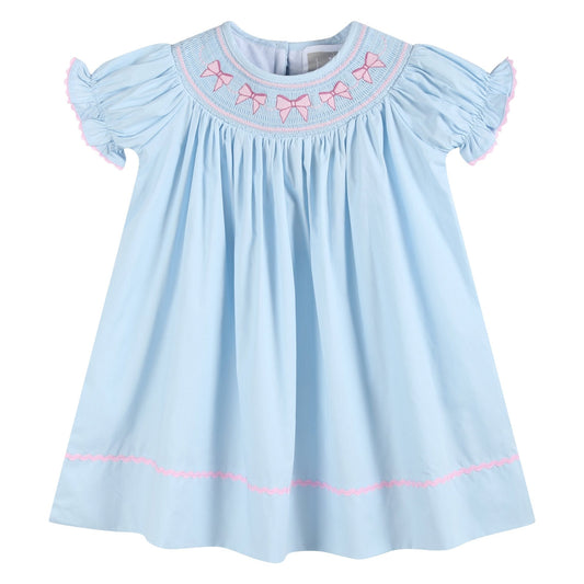 girls baby blue bishop dressnwith pink bow smocking