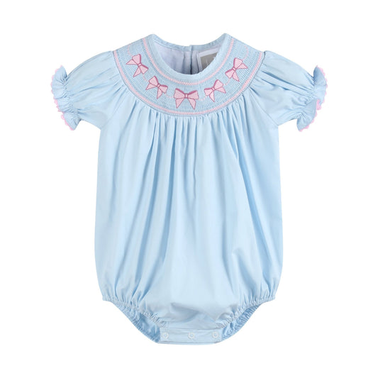light blue girls short sleeved smocked bubble romper pink bows smocking at neck