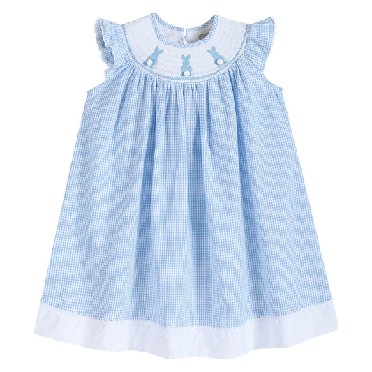 girls blue gingham bishop dress with flutter sleeves and bunny tail smocking neckline