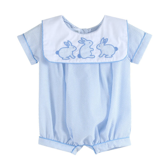 baby blue striped outfit for boys with easter bunnies embroidered