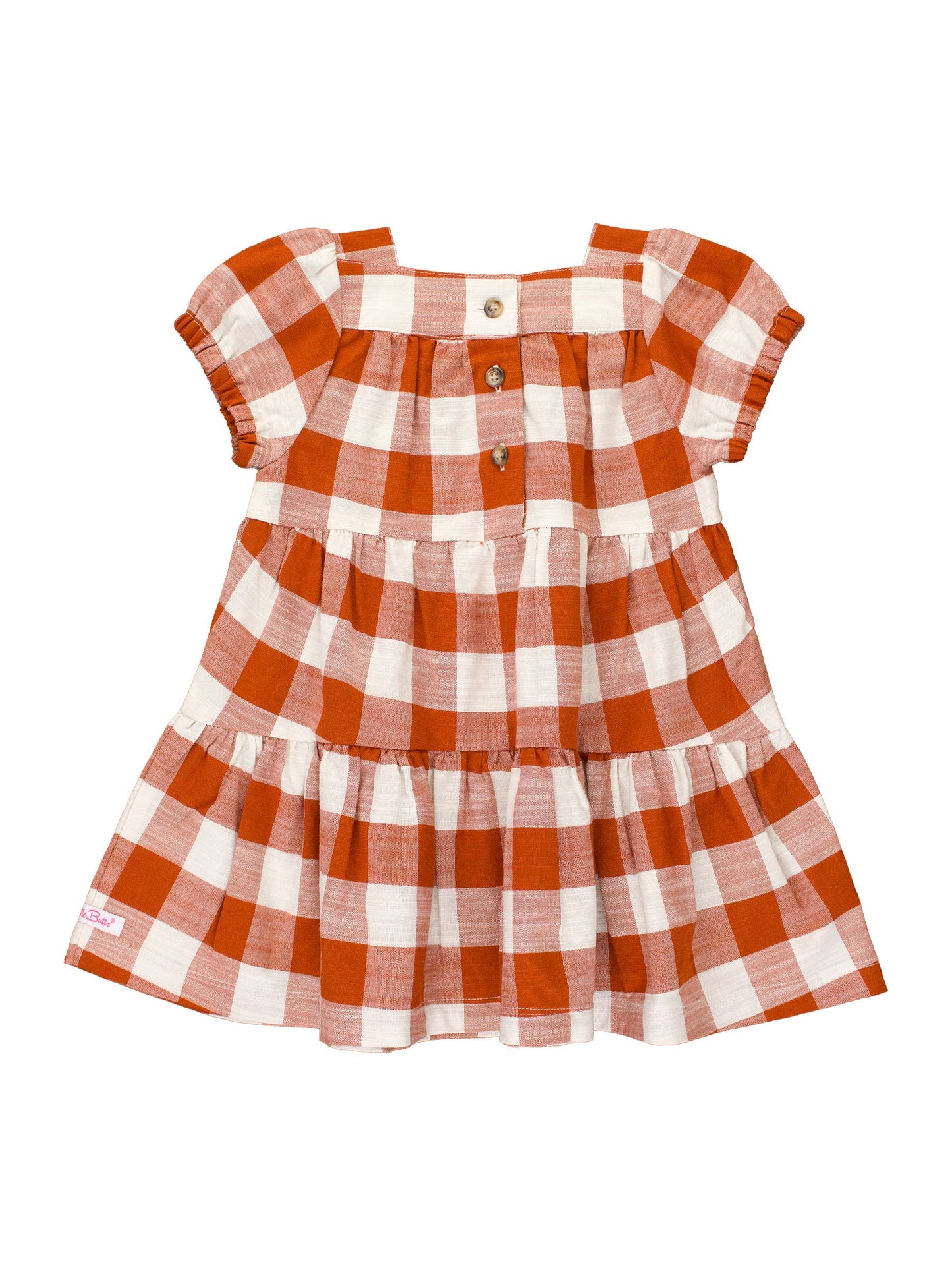 Rust Plaid Puff Short Sleeve Check Tiered Dress