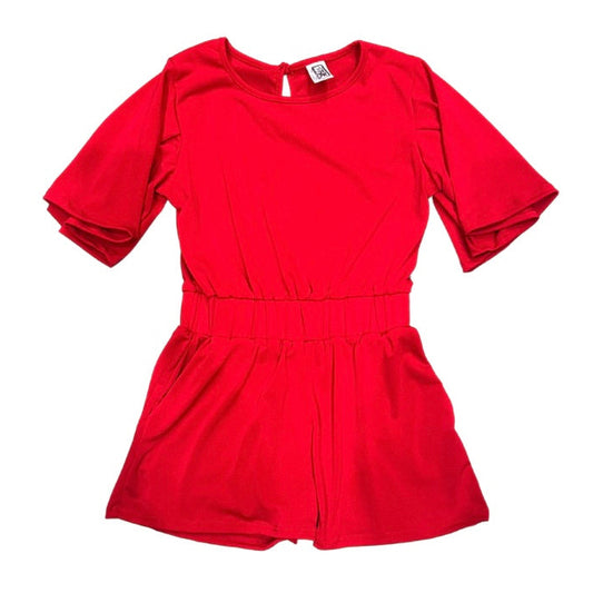 girls red tulip sleeved gathered waist  romper