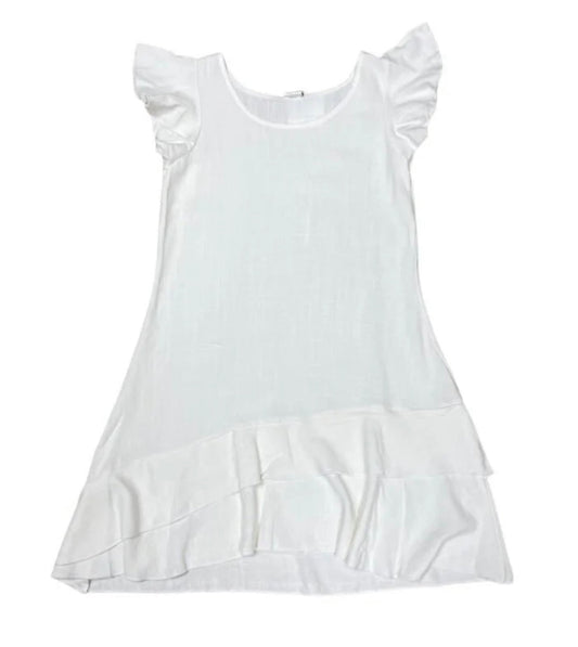 tween girls white linen flutter sleeve asymmetrical ruffle hem dress
