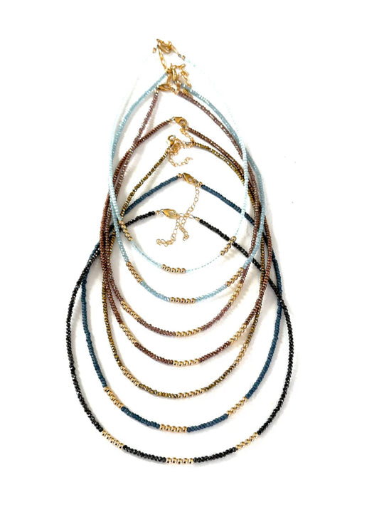 gold grey and crystal beaded necklaces