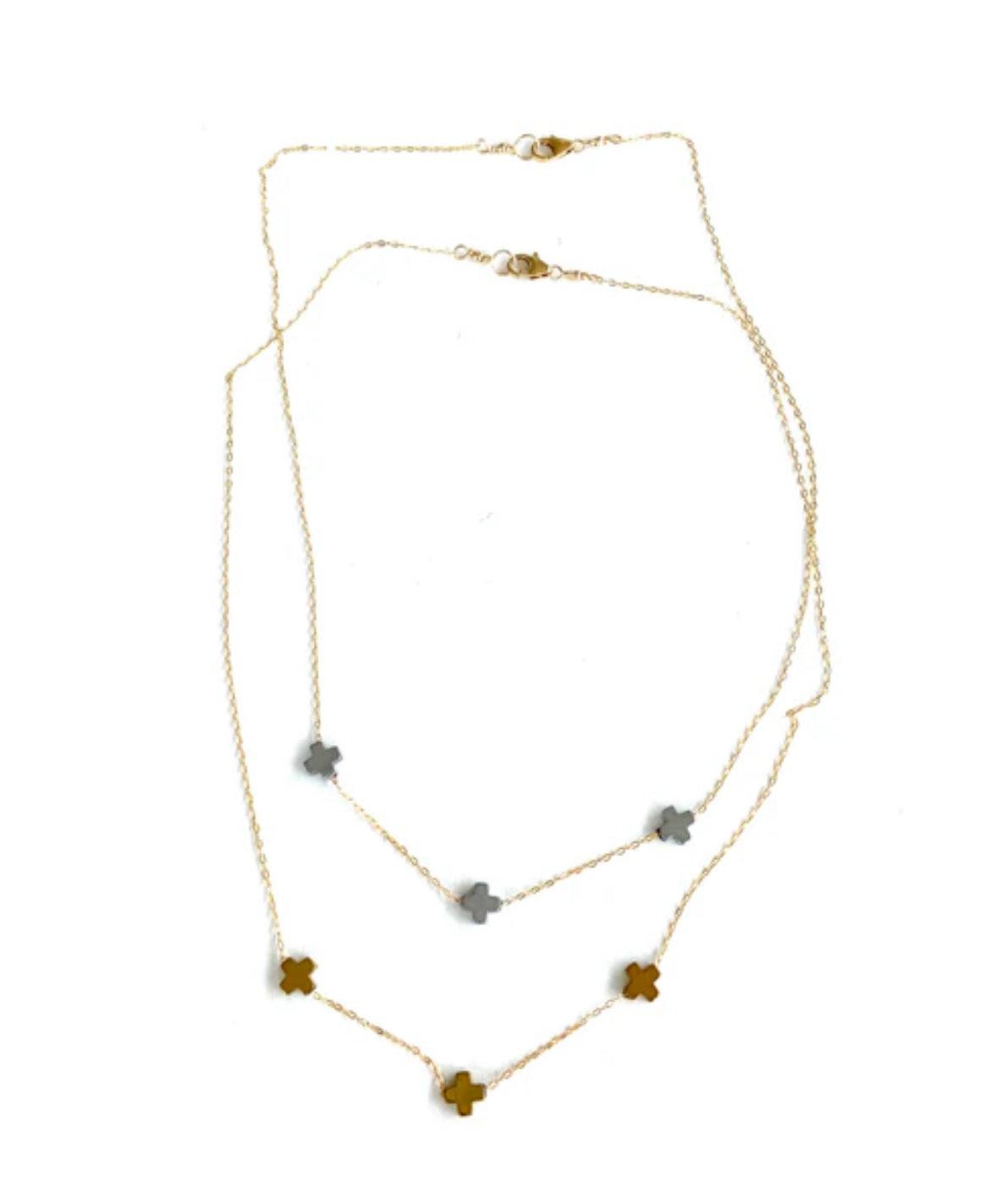 gold and silver plated hematite three cross necklace