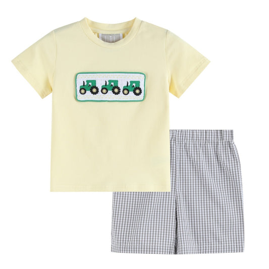 boys yellow shirt with tractors smocked with gingham shorts