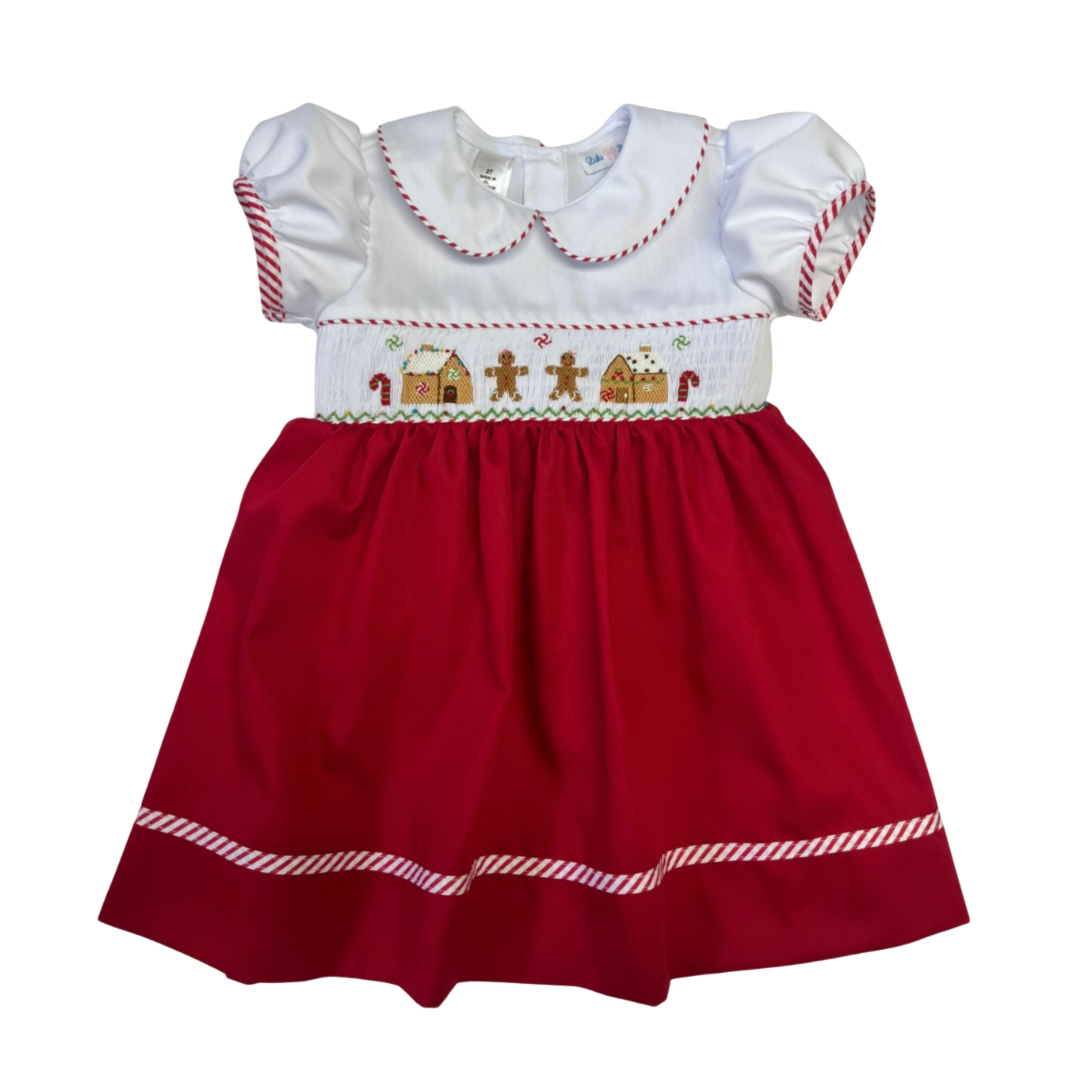 girls red and white gingerbread smocked waist dress