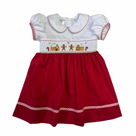 girls red and white gingerbread smocked waist dress