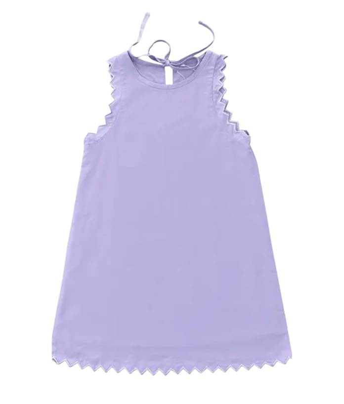 girls lavender dress with embroidered trim edging 