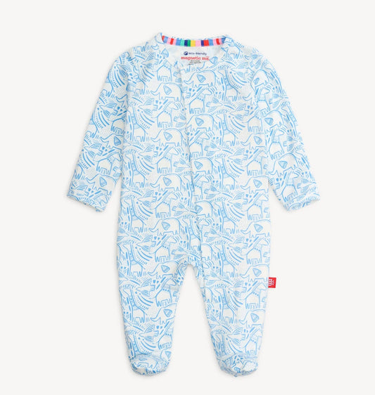 boys blue white animal elephant print modal magnetic footie pajama