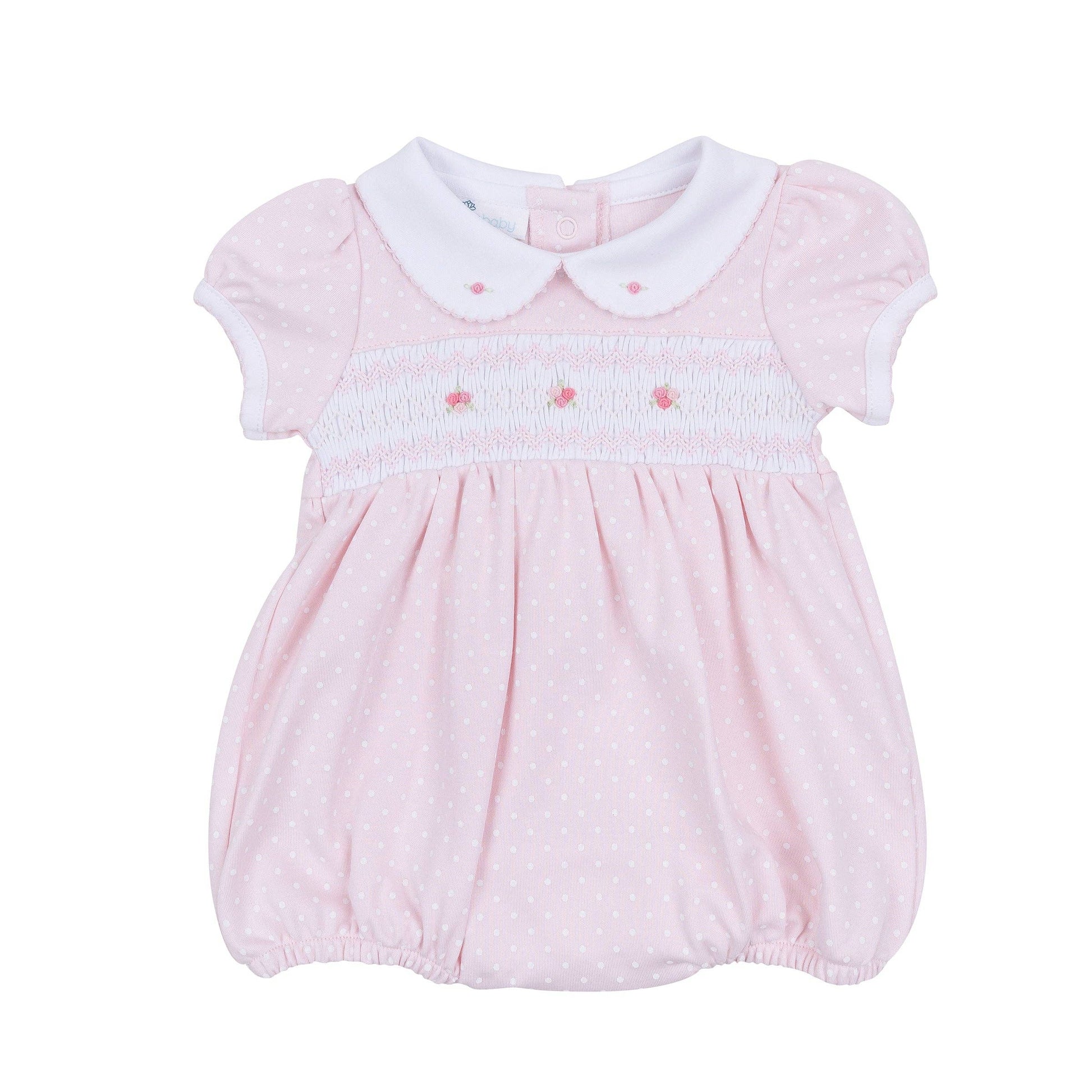 light pink polka dot baby girls bubble romper with roses and smocking 