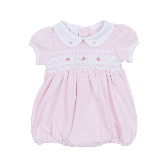 light pink polka dot baby girls bubble romper with roses and smocking 
