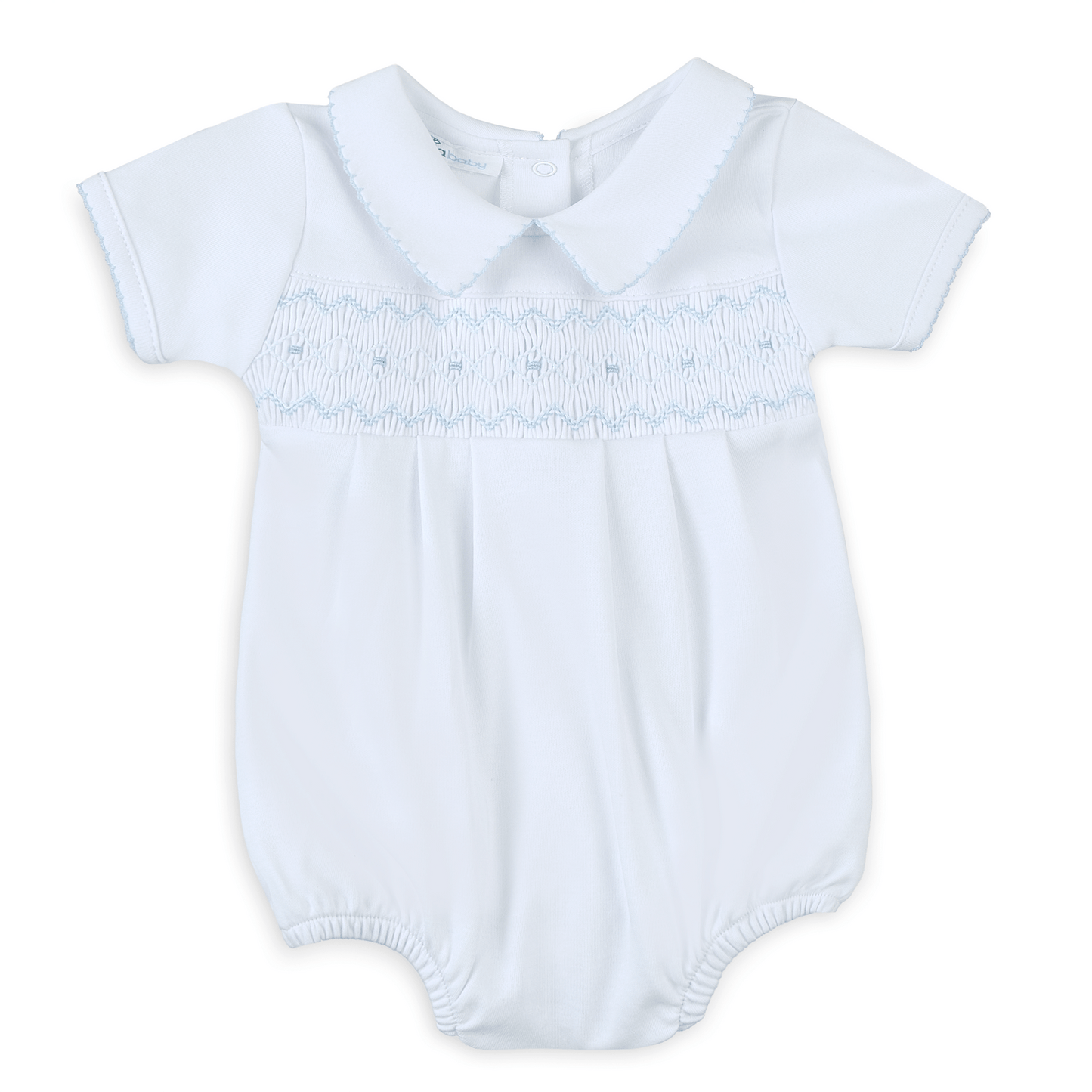 white knit baby boy bubble romper with blue smocking