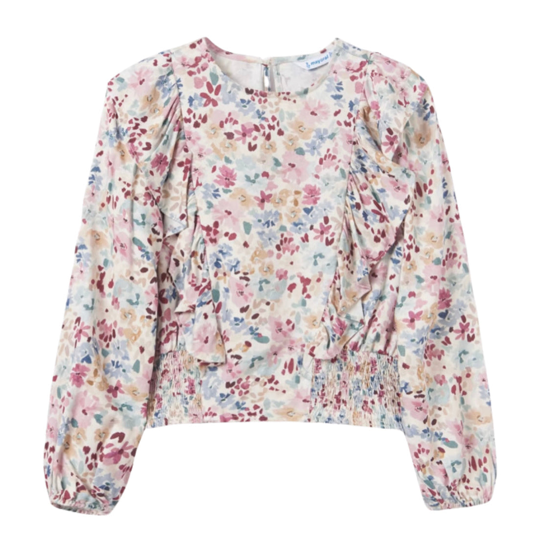 tween girls  floral ruffle top with smocked waist