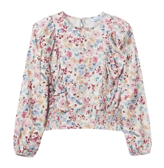 tween girls  floral ruffle top with smocked waist